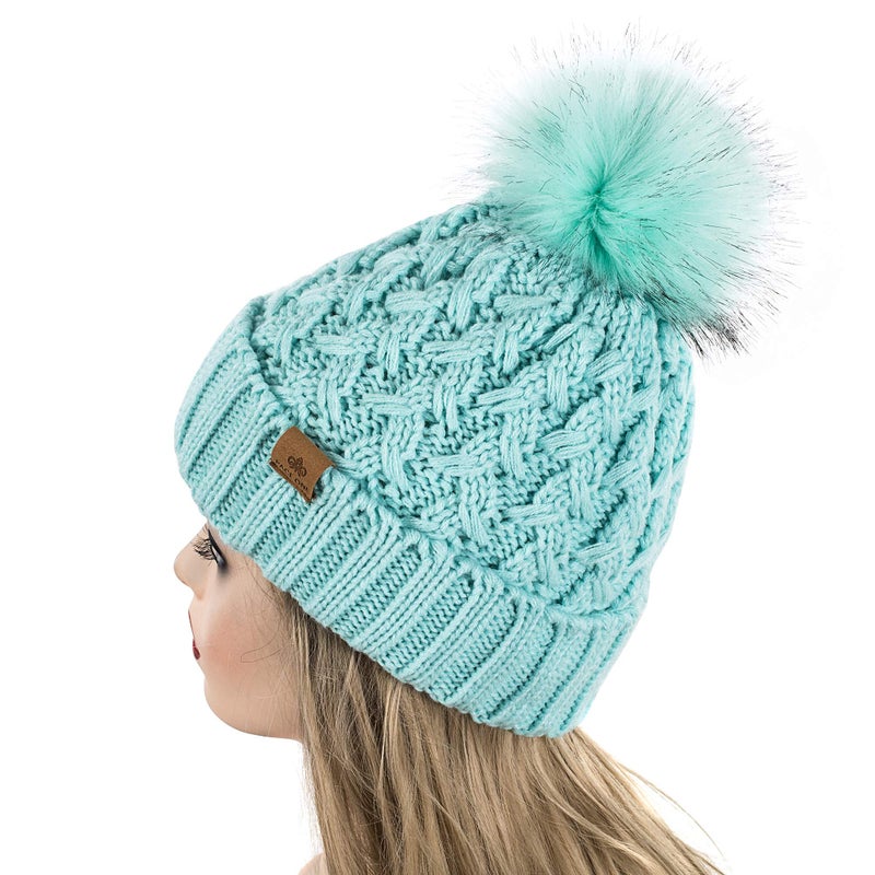 PAGE ONE Womens Winter Ribbed Beanie Crossed Cap Chunky Cable Knit Pompom Soft Warm Hat Mint - Image 3